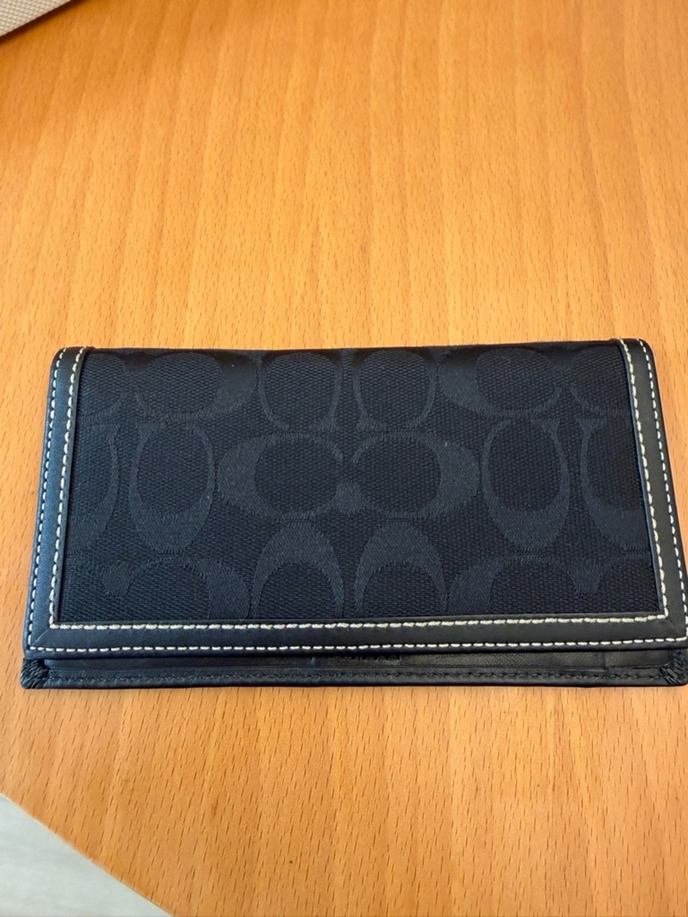 Coach Signature Black Long Wallet Canvas Leather Trim Pre-Owned